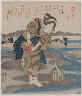 Woman Fastening her Skirts; from the series Five Pictures of Low Tide, late 1820s. Creator: Utagawa Kuniyoshi (Japanese, 1797-1861).