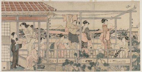 Women Hanging Laundry to Dry on a Balcony , early 1790s. Creator: Kitagawa Utamaro (Japanese, 1753?-1806).