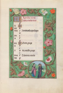 Hours of Queen Isabella the Catholic, Queen of Spain: Fol. 5r, April - Squire and Damsel, c. 1500. Creator: Master of the First Prayerbook of Maximillian (Flemish, c. 1444-1519); Associates, and.