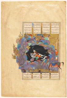 Rustam's seventh course: He kills the White Div, folio 124..., 1522-1537. Creator: Abd al-Vahhab (Persian, active about 1516), attributed to ; Mir Musavvir (Iranian, c. 1510-1555), attributed to.