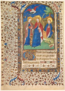 Leaf from a Book of Hours: Sts. Geneviève, Catherine of Alexandria, and Margaret (recto), c. 1415. Creator: Boucicaut Master (French, Paris, active about 1410-25), workshop of.