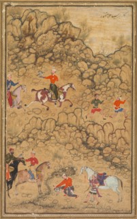 Hunting with falcons in a landscape; Verso: Calligraphy of Chaghatai Turkish poems..., c. 1558-60. Creator: Abd al-Samad (Persian, c. 1510-1600), attributed to.