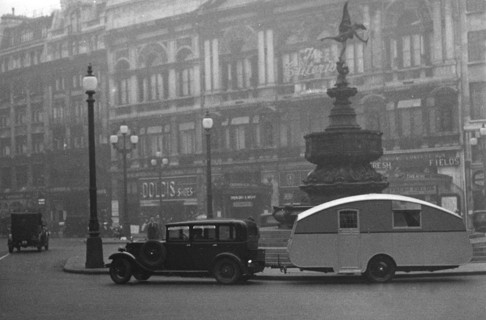 1930 Morris Oxford Six with Winchester Streamline caravan, Picadilly. Creator: Unknown.