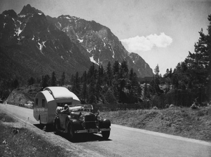 1937 Mercedes Benz 260D Cabriolet towing caravan. Creator: Unknown.