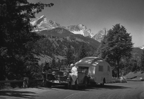 1937 Mercedes Benz 260D Cabriolet towing caravan. Creator: Unknown.