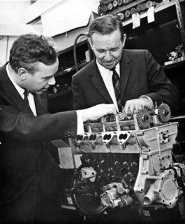 Keith Duckworth (left) with Harley Copp and Ford Formula II engine 1966. Creator: Unknown.