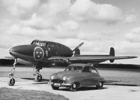 1949 Saab 92 with Saab 21 Jet Fighter plane. Creator: Unknown.