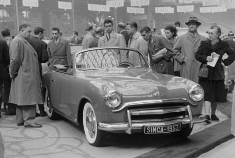 1953 Simca 8 Sport at motor show. Creator: Unknown.