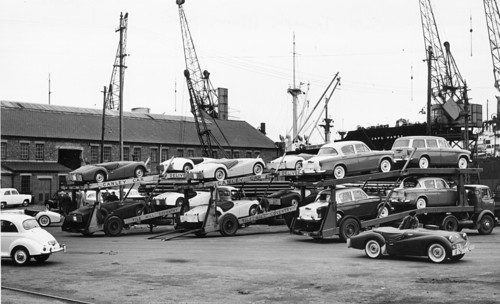 Cars for export at Cardiff docks 1958. Creator: Unknown.