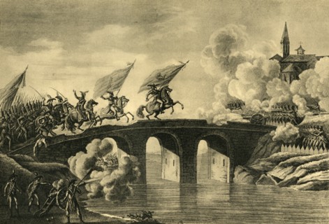 Generals Bonaparte and Augereau storm the bridge at Arcola, November 1796, (1921). Creator: Unknown.