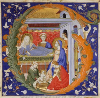 manuscrit Illumination with the Birth of the Virgin in an Initial G, from a Gradual, ca. 1375. Creator: Silvestro dei Gherarducci.