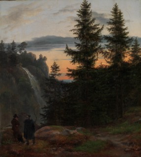 Two Men before a Waterfall at Sunset, 1823. Creator: Johan Christian Dahl.