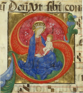 manuscrit Illumination with the Virgin and Child in an Initial S..., mid-15th century. Creator: Master of the Franciscan Breviary.