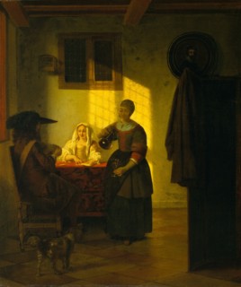 A Couple Playing Cards, with a Serving Woman, ca. 1665-75. Creator: Pieter de Hooch.