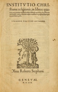 Title page of the fourth edition of the Institutio Christianae Religionis by John Calvin, 1559. Creator: Historic Object.