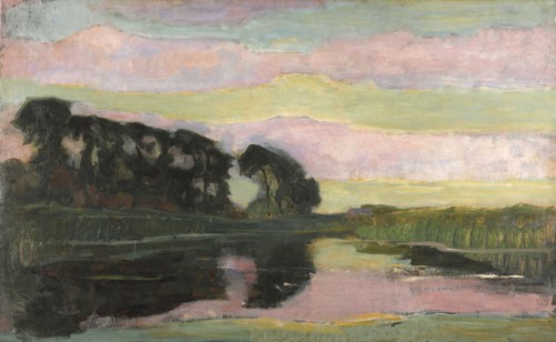River landscape with pink and yellowgreen sky, ca 1907-1908