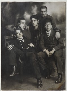 Aleksei Kruchenykh, David Burliuk, Vladimir Mayakovsky, Nikolai Burliuk and Benedikt Livshits, 1913. Creator: Anonymous.