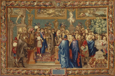 An audience granted by Louis XIV to the Count of Fuentes? at the Louvre, 24th March 1662, ca 1730. Creator: Ballin, Claude I, (after) (1615-1678).