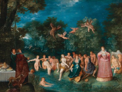 Diana and her nymphs bathing, with a stag hunt in the background, ca 1606. Creator: Francken, Frans, the Younger (1581-1642).