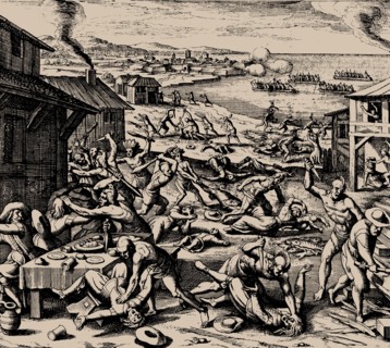 Powhatan attack on 22 March 1622, 1628. Creator: Merian, Matthäus, the Elder (1593-1650).