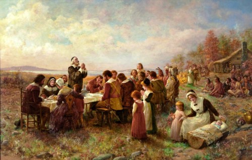 The First Thanksgiving at Plymouth, 1914. Creator: Brownscombe, Jennie Augusta (1850-1936).