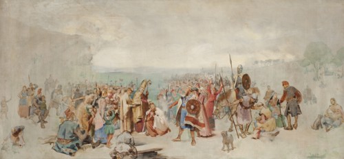 The Baptism of Olof Skötkonung in Husaby by Sigfrid of Sweden. Creator: Kulle, Axel (1846-1908).