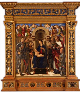 Pala Oliva. Madonna and Child enthroned between Saints George, Francis of Assisi?, 1489. Creator: Santi, Giovanni (ca 1435-1494).