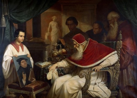 Pope Paul III (1468-1549) viewing Cranach's Portrait of Luther, 1838-1839. Creator: Schorn, Karl (1800-1850).