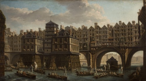 Sailors Jousting, Between the Pont Notre Dame and the Pont-Au-Change, Paris, 1756. Creator: Raguenet, Nicolas-Jean-Baptiste (1715-1793).