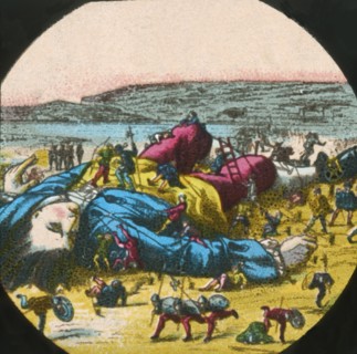 Gulliver is tied up by the Lilliputians, lantern slide, late 19th century. Creator: Unknown.