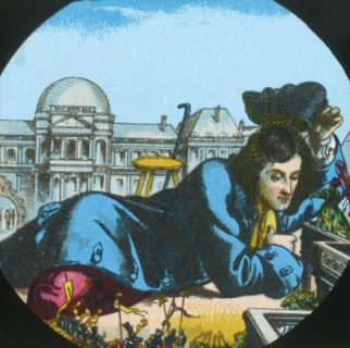 Gulliver at the royal palace of the Lilliputians, lantern slide, late 19th century. Creator: Unknown.