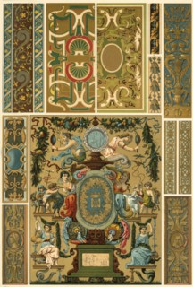 French Renaissance wall painting, polychrome painted sculpture, weaving and book covers, (1898). Creator: Unknown.