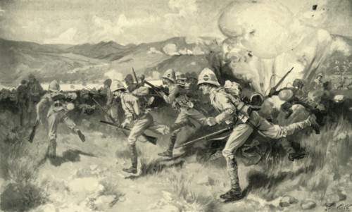 'The Battle of Colenso - Queen's (Royal West Surrey) Regiment Leading the Central Attack', 1900. Creator: Joseph Finnemore.