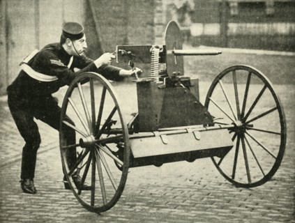 'Types of Arms - Lord Dundonald's Galloping Gun-Carriage with Maxim', 1900. Creator: Gregory & Co.