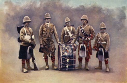 'Private, Drummers, Piper, and Bugler - The Black Watch', 1900. Creator: Knight.