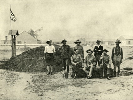 'General Baden-Powell, Lord Edward Cecil, and Other Officers, at the Entrance to their "Dug-Out".',  Creator: D Taylor.
