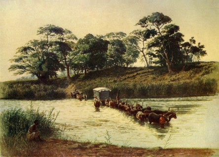 'Bullock Waggon Crossing a Drift on the Umbelois River-Swaziland', 1902. Creator: Donald McCracken.