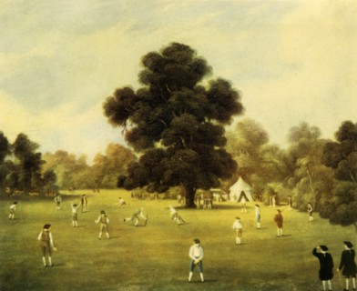 'Lords and Gentlemen of Surrey and Kent Playing Cricket at Knole Park, Kent, 1775', 1947. Creator: Unknown.