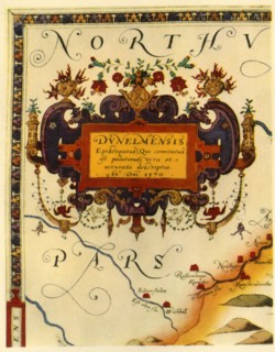 'Cartouche by A. Ryther on Saxton's Map of Durham, 1576', (1944).  Creator: Augustine Ryther.