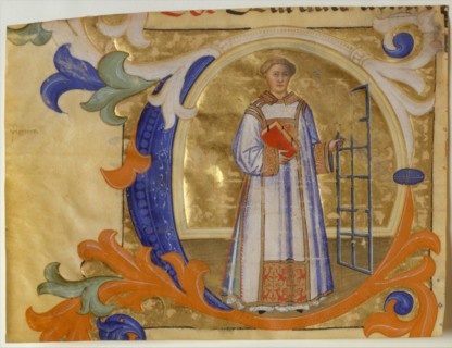 Manuscript Illumination with Saint Lawrence in an Initial C, from a Gradual, ca. 1380-90. Creator: Simone Camaldolese.