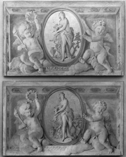 Pair of overdoors with Diana or a Nymph in an oval medallion supported by amorini, 1770-90. Creator: French Painter , 18th century .