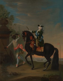 The Empress Elizabeth of Russia (1709-1762) on Horseback, Attended by a Page, after 1743-49. Creator: Georg Cristoph Grooth.