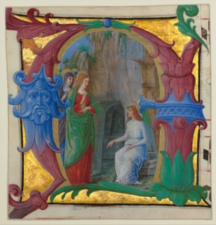 Manuscript Illumination with the Holy Women at the Tomb in an Initial A..., ca. 1490-1500. Creator: Girolamo dai Libri.