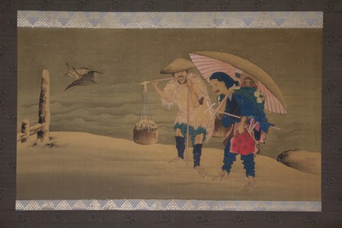 Monkey Showman and Porter(?) in the Snow, 19th century. Creator: Hokuga.