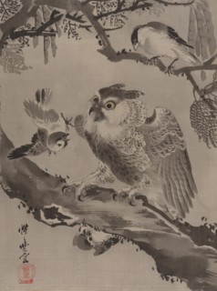 Owl Mocked by Small Birds, ca. 1887. Creator: Kawanabe Kyosai.