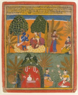 Krishna and Radha with Their Confidantes: Page from a Dispersed Gita Govinda, ca. 1655-60. Creator: Style of Manohar (active ca. 1582-1624).