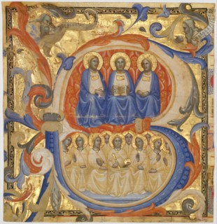 The Trinity in an Initial B, Probably 1387. Creator: Master of the Codex Rossiano (Sienese, active ca. 1380-1400).