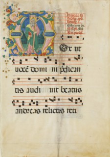 Manuscript Leaf with the Feast of Saint Andrew in an Initial M ..., second half 15th century. Creator: Master of the Riccardiana Lactantius.