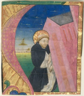 Manuscript Illumination with Saint Dominic Saving the Church of Saint John...mid-15th century. Creator: Unknown.