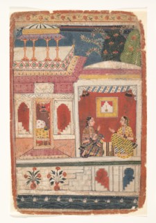 Radha and Her Confidant Sit in an Open Room: Page from a Dispersed Rasikapriya , ca. 1680-90. Creator: Unknown.
